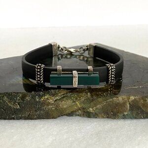 Sterling Silver 925 Rectangular Green Acrylic Black Banded Bracelet 7.5"